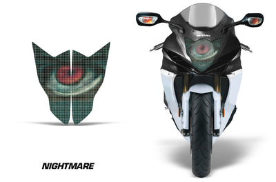 Sport bike headlight graphics with nightmare eye graphic in teal and dark tones