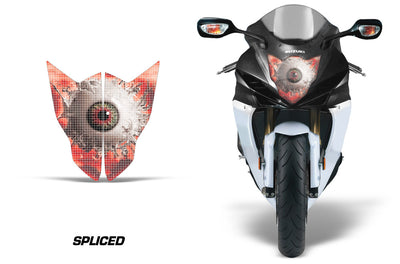 Sport bike headlight graphics with spliced red and gray eye design on fairing
