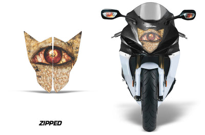 Sport bike headlight graphics with zipped eye design in amber and dark tones