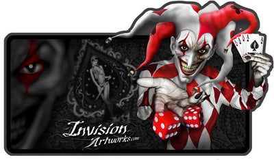 Joker-themed clown sticker with red-and-white harlequin face, holding cards and dice