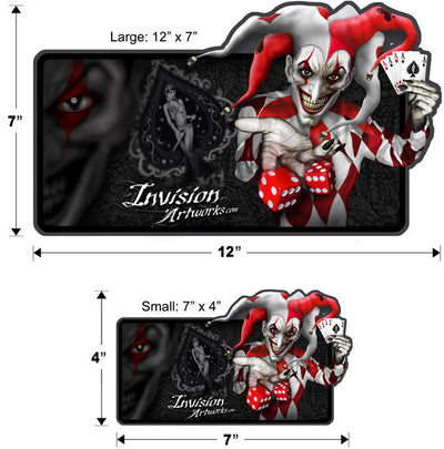 Two Joker-themed clown stickers, large and small, with cards, dice, red-and-white