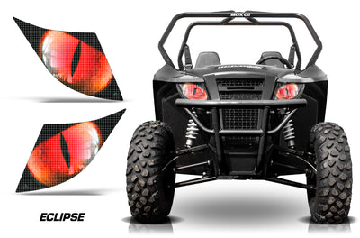 Front view of black off-road utility vehicle with red LED headlight glow and grille