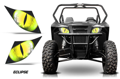 Front view of black off-road utility vehicle with green LED headlight glow and front grille