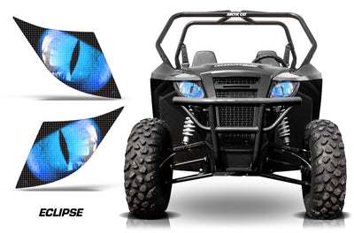 Front view of black off-road utility vehicle with blue LED headlight glow and front grille