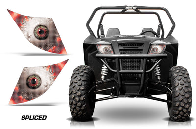 Front view of black off-road utility vehicle with red-and-white LED headlight pattern and grille