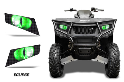 Headlight graphic decal set with glowing green triangular pattern on dark background