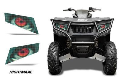 Headlight graphic decal set with blue-green eye pattern and red highlights on dark background