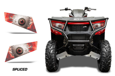 Headlight graphic decal set with red-and-gray target eye pattern on dark background