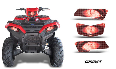 Headlight eye graphics set with red "CORRUPT" pattern, three-piece overlays for ATV