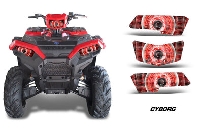 Headlight eye graphics set with red "CYBORG" pattern, three-piece overlays for ATV