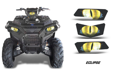Headlight eye graphics set with yellow "ECLIPSE" pattern, three-piece overlays for ATV