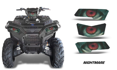 Headlight eye graphics set with green "NIGHTMARE" pattern, three-piece overlays for ATV