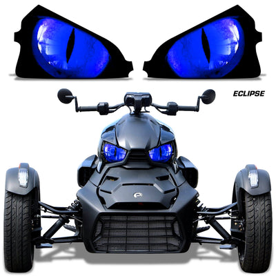 Headlight eye graphics with deep blue glowing eyes on a Can-Am roadster front