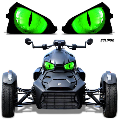 Headlight eye graphics with neon green glowing eyes on a Can-Am roadster front