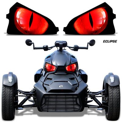 Headlight eye graphics with red glowing eyes on a Can-Am roadster front