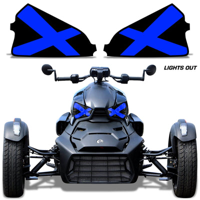 Can-Am Ryker headlight eye graphics, black with bright blue X eyes (pair)
