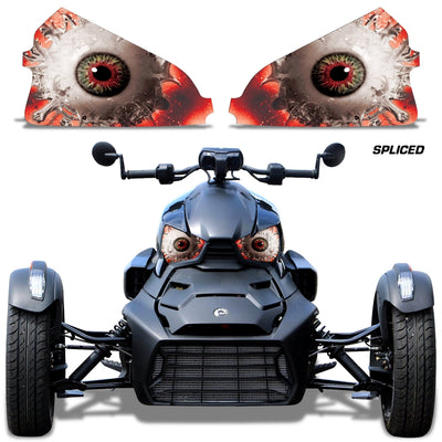 Can-Am Ryker headlight eye graphics, red-eyed horror faces with slit pupils (pair)