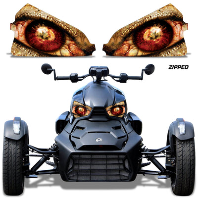Can-Am Ryker headlight eye graphics, amber and red fiery eyes with slit pupils (pair)