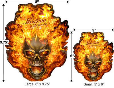 The Nitro Stickers - Set of 7 includes two flame-embellished skull stickers featuring the Invision Artworks text, with one large sticker (8 x 9.75 inches) and one small sticker (5 x 6 inches). Made from durable vinyl, these scratch-resistant stickers are perfect for graphics kits and built for long-lasting performance. Size measurements are shown for easy reference.