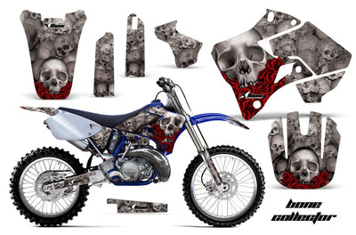 Gray skull motorcycle graphics decal kit with red flame details and matching body panels