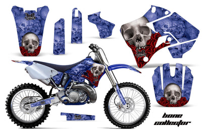 Blue skull motorcycle graphics decal kit with red flame accents and matching side pieces