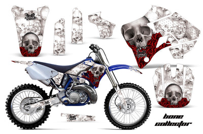Gray and white motorcycle graphics kit with skull artwork and red accents for Yamaha YZ 250
