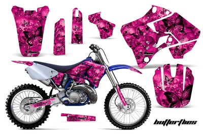 Motorcycle graphics kit for Yamaha YZ 250 with magenta/purple floral and butterfly designs