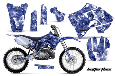 Yamaha YZ 125 graphics kit in blue with white floral and butterfly-style graphics on panels