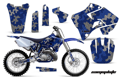 Yamaha YZ 125 graphics kit in blue camouflage pattern on fenders, shrouds, and side panels