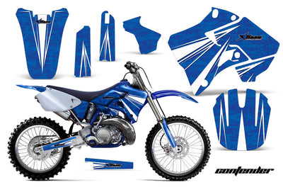 Blue motorcycle graphics kit with white accents and stylized lettering for Yamaha YZ 250