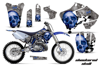 Yamaha dirt bike graphics kit with blue skulls and gray camo panels and covers