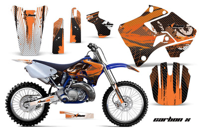 Motorcycle graphics kit for Yamaha YZ 250 in orange and black with striped carbon look