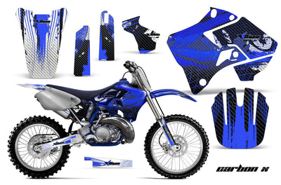 Blue and black motorcycle graphics decal kit with striped accents and matching fender art