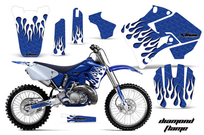 YZ 125 graphic kit in blue with flame patterns and matching side panel stripes