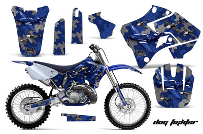 Motorcycle graphics kit with blue camouflage and skull details, full body panel set