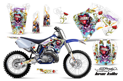 Motorcycle graphics kit for a Yamaha motocross bike, colorful cartoon skull and Kills design