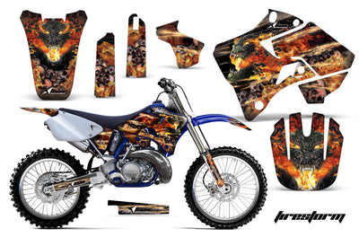 Orange and black motorcycle graphics kit with fiery design, side panels, fork guards, front number plate