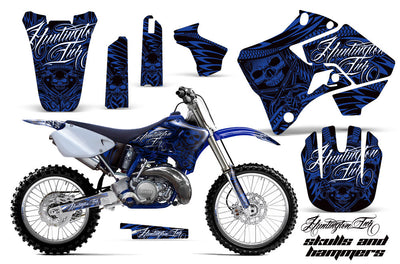 Blue motorcycle graphics kit with stylized lettering and decals for Yamaha YZ 250