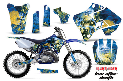 YZ 125 graphic kit in blue and yellow with swirling flame graphics and abstract art