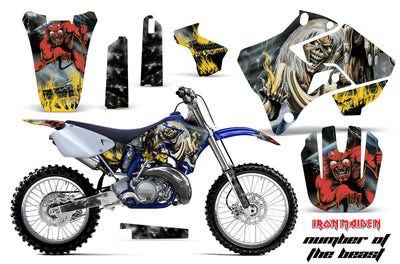 Motorcycle graphics kit for a Yamaha motocross bike, red and yellow demon-style artwork