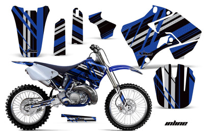 Yamaha dirt bike graphics kit with dark blue stripe pattern and number plate decals