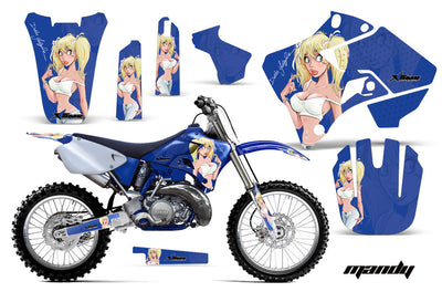 Blue motorcycle graphics kit with anime woman artwork, side panels, fork guards, front number plate