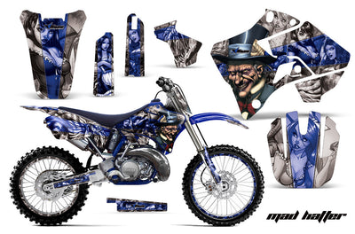 Yamaha dirt bike graphics kit with blue character artwork on side panels and shrouds