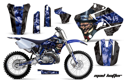 Blue motorcycle graphics kit with character portraits, side panels, fork guards, front number plate