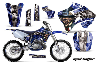 Blue motorcycle graphics decal kit with portrait artwork and high-contrast panel designs