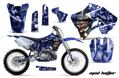 Blue motorcycle graphics decal kit with character portraits and coordinated panel graphics