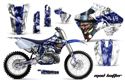 Yamaha dirt bike graphics kit with blue and black character artwork across decals