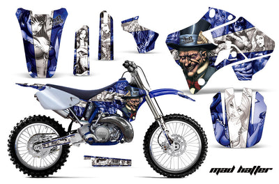 Yamaha dirt bike graphics kit with blue-and-white character artwork on side panels
