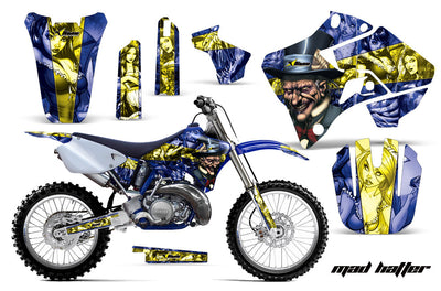 Motorcycle graphics kit with gold and blue skull panels and rider artwork, full set