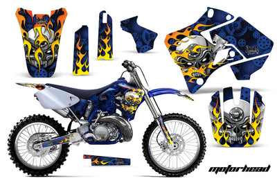 YZ 250 graphics kit with blue and orange flame decals for front and side panels